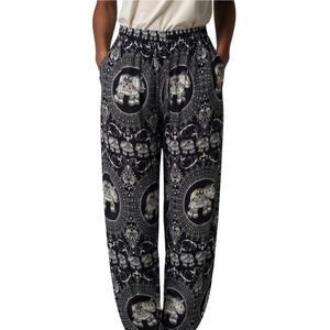 Black & White Elephant Print Boho Harem Pants Yoga Hippie Trousers